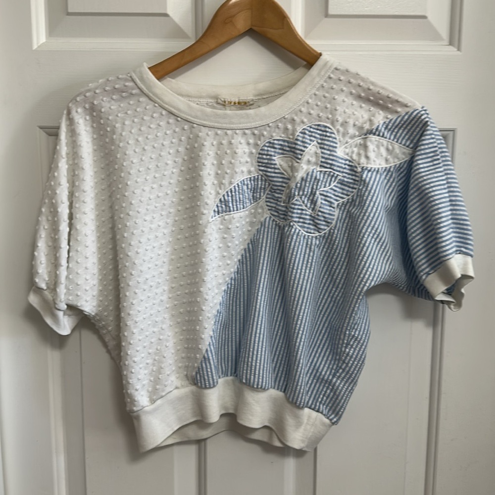 White and Blue Asymmetrical Crop Top with Floral Detail